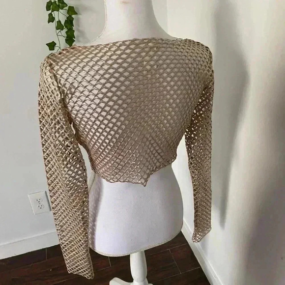 Silver & tan fishnet mesh cropped long sleeve. - Picture 3 of 3